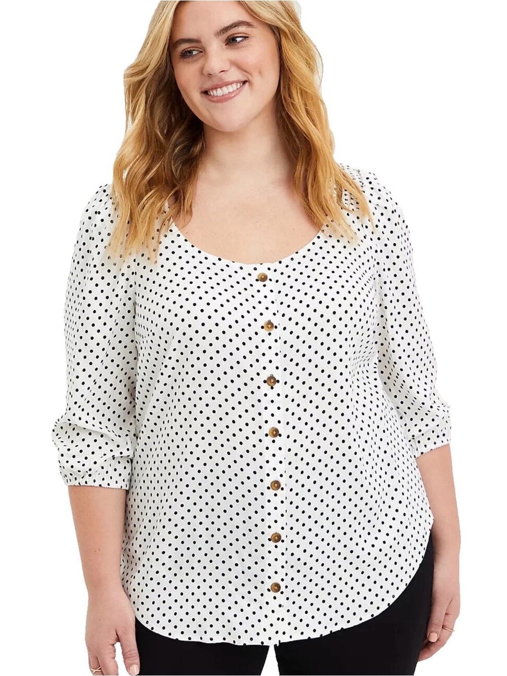 Torrid Polka Dot Button-Front Scoop Neck Top - White/Black